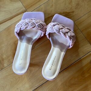 Pink low kitten heel braided heels